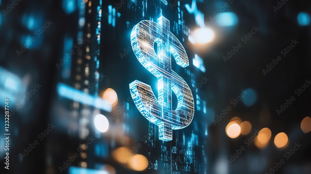 Digital dollar sign shining in futuristic blue, symbolizing finance, technology, and economic growth. It captures the essence of modern digital economy and innovation.