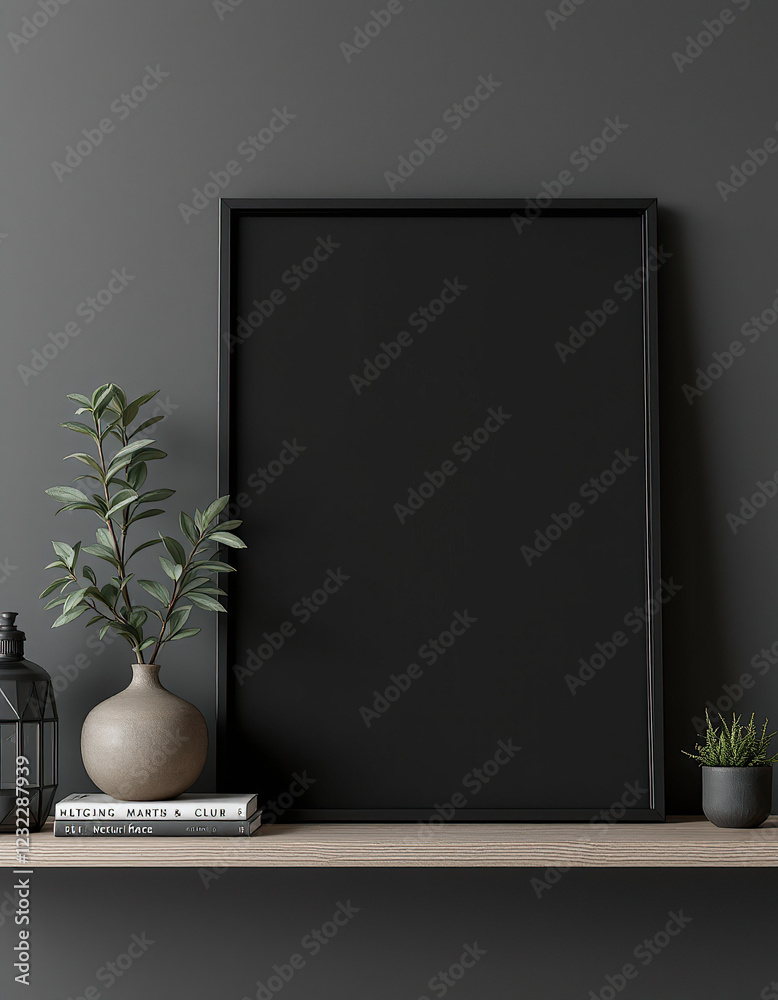 Dark modern blank picture frame on a shelf Dark modern blank picture frame on a shelf