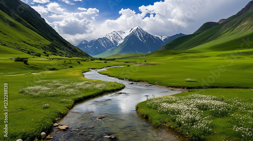 Górski krajobraz z rzeką i kwiatami © Grzegorz Kuczynski