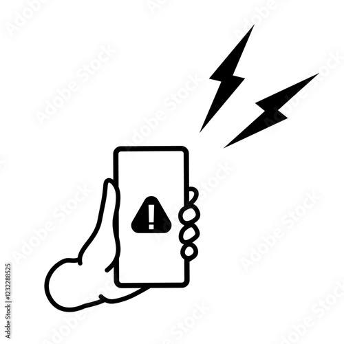 緊急警報が鳴って危険を知らせるスマートフォンのイラスト。警告マークが表示されたスマホの持つ手のアイコン。