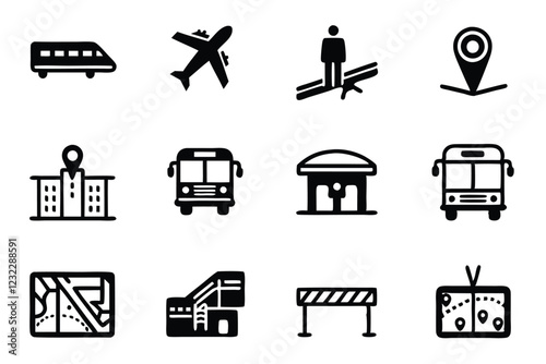 Create a versatile set of editable line icons depicting various transportation methods within a central hub.  Include train, bus, plane, taxi, and metro symbols.