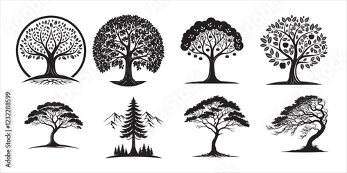 Big collection of tree silhouettes isolated on white background vector illustration