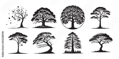 Big collection of tree silhouettes isolated on white background vector illustration