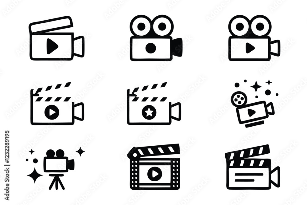 Create a clean, modern icon set depicting various aspects of video marketing, including filming, editing, analytics, and social media promotion. Icons should be easily editable. Create a clean, modern icon set depicting various aspects of video marketing, including filming, editing, analytics, and social media promotion. Icons should be easily editable.
