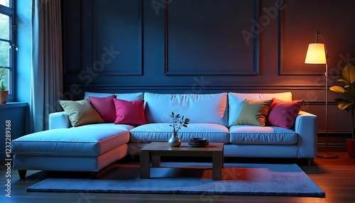 Modern Luxury Living Room Interior with Sofa, Moody Lighting and Elegant Home Decor