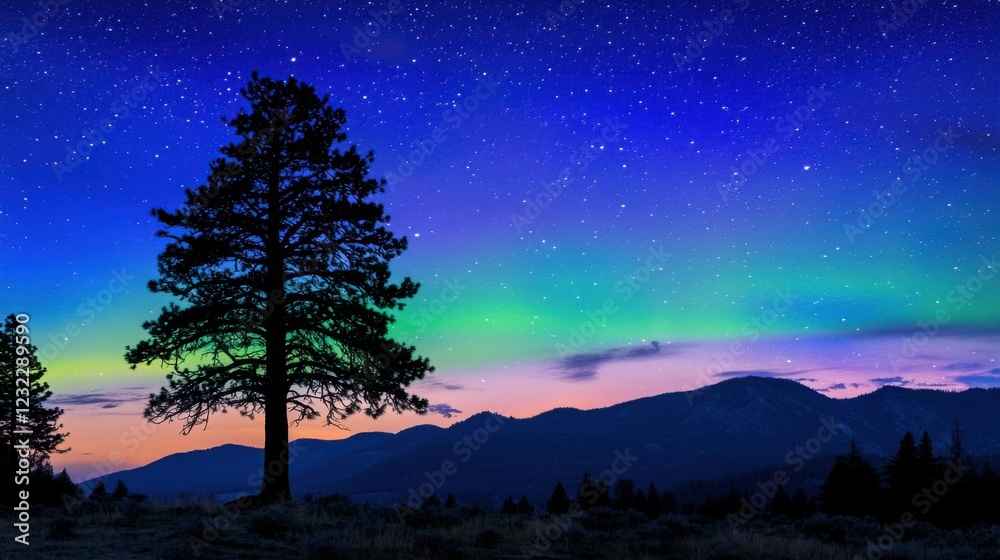 Lone pine tree silhouetted against a vibrant aurora borealis in a serene landscape, showcasing the natural beauty and tranquility of the northern lights in a breathtaking night sky. Lone pine tree silhouetted against a vibrant aurora borealis in a serene landscape, showcasing the natural beauty and tranquility of the northern lights in a breathtaking night sky.