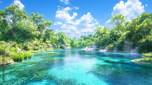 Tropical river paradise, lush jungle, sunny day, travel brochure