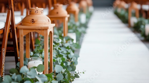 Elegant wooden lanterns line a serene wedding aisle adorned with lush greenery. photo