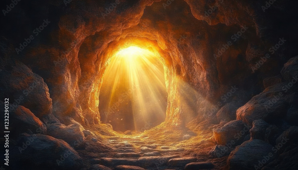 Mystical Cave Entrance with Golden Light and Chiaroscuro Contrast Symbolizing Resurrection and Hope Mystical Cave Entrance with Golden Light and Chiaroscuro Contrast Symbolizing Resurrection and Hope