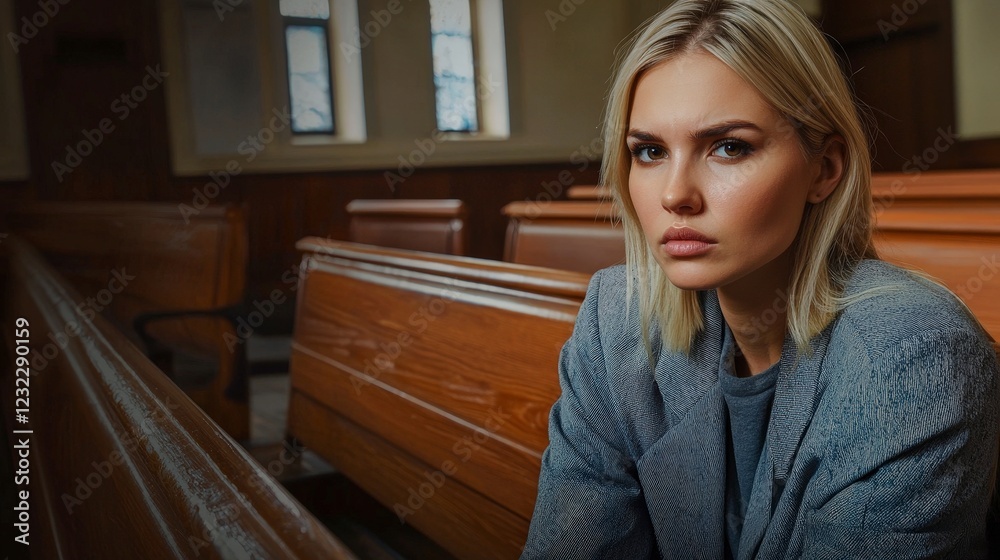 Elegant Woman in Courtroom Setting, Contemplating Legal Matters Elegant Woman in Courtroom Setting, Contemplating Legal Matters
