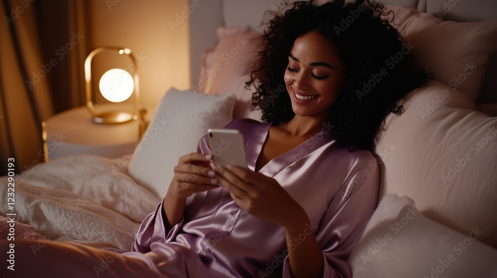 Curly haired woman lounging comfortably in bed, wearing smooth silk sleepwear, smiling while browsing smartphone under warm, soft illumination