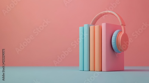 The books stand on a flat colored background, and the books are wearing headphones. the concept of e-books