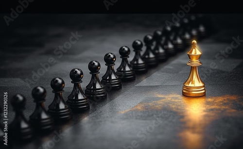 Golden Pawn Leading Black Pawns Minimalist Composition Strategy Concept photo