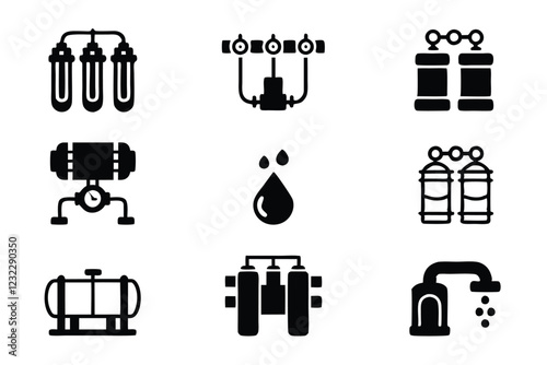 Create a clean, editable line icon set depicting various stages of water treatment, including filtration, purification, and distribution.