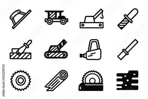 Create a set of editable line icons depicting various woodworking tools, machinery, and processes within the industry.  Include diverse elements for comprehensive representation.