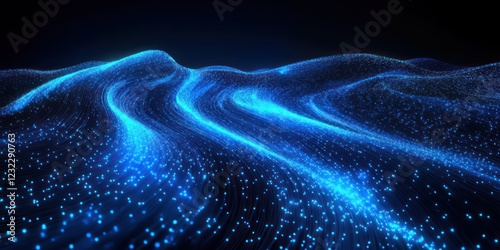 Futuristic Digital Landscape with Blue Light Trails Technology and Data Flow Illustration