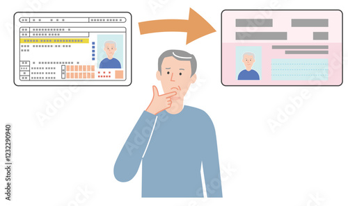 マイナ免許証（マイナンバーカードと運転免許証の一体化）への切り替えについて悩む高齢男性