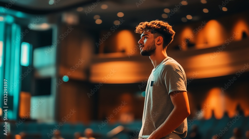 Fototapeta premium A young man stands on stage, illuminated by soft lights, immersed in thought as he addresses an audience in a modern auditorium setting.
