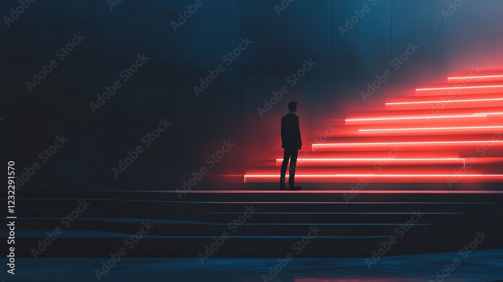 A solitary figure stands before illuminated red stairs, enveloped in mist, creating a dramatic and mysterious atmosphere. A solitary figure stands before illuminated red stairs, enveloped in mist, creating a dramatic and mysterious atmosphere.