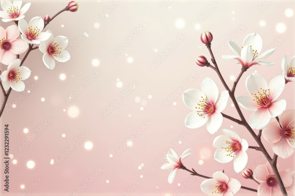 Fototapeta premium Delicate cherry blossoms on soft pink background with gentle light effects