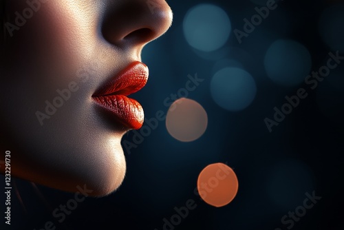 A hyper-realistic close-up of a person lips speaking, with fine details of their expression and a dynamic background of blurred motion to imply energy and influence