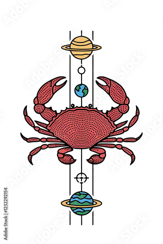 vertical alignment of Colored Cancer Zodiac Sign With celestial cosmic elements.