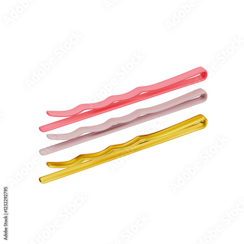 A rendering of a set of colored hairpins. Hairpins for creating hairstyles. Vector 3d illustration on isolated white background