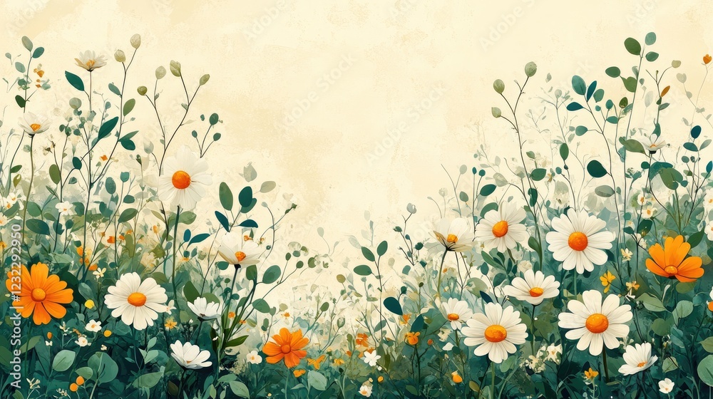 Chamomiles and daisies illustration print art. Postcard template with wildflowers with empty space for text. Delicate daisy flowers frame layout drawing. Chamomiles and daisies illustration print art. Postcard template with wildflowers with empty space for text. Delicate daisy flowers frame layout drawing.