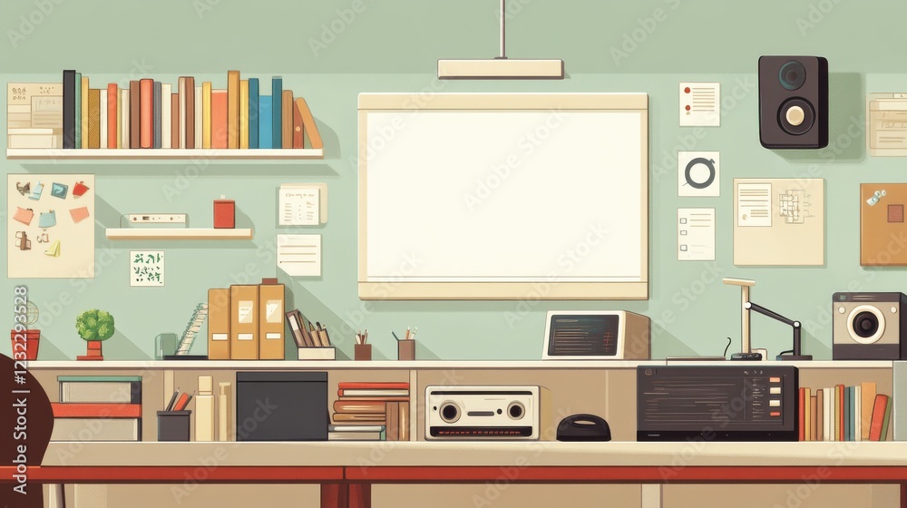 Modern Workspace with Shelves and Minimalist Desk Setup