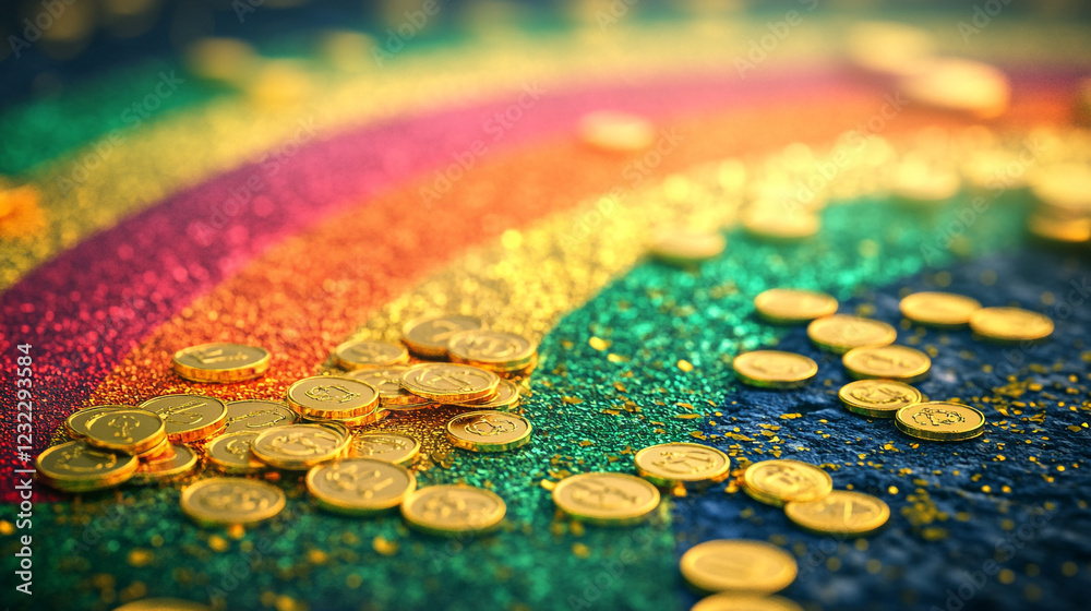 Fototapeta premium Vibrant celebration of St. Patrick's Day with golden coins and a shimmering rainbow glimmering in the background