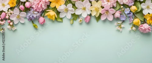 A harmonious border of colorful spring flowers, gracefully set against a gentle pastel gradient, with a large open center perfect for text or creative elements