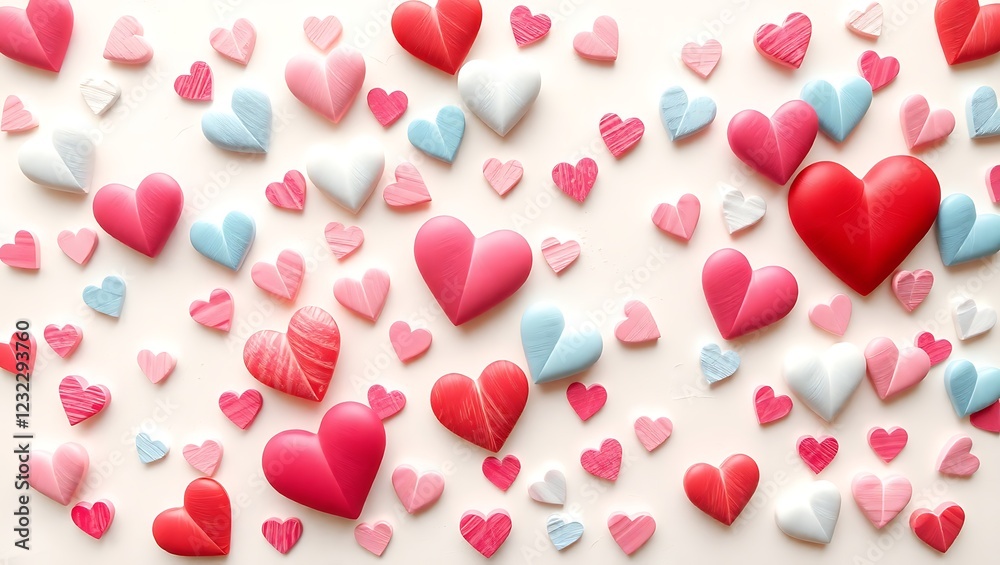 A whimsical Valentine's Day background adorned with an assortment of colorful hearts in varying sizes A whimsical Valentine's Day background adorned with an assortment of colorful hearts in varying sizes