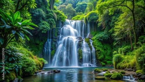 Waterfall cascading through dense foliage, vastness, natural beauty,  vastness, natural beauty, forest, lush, serene