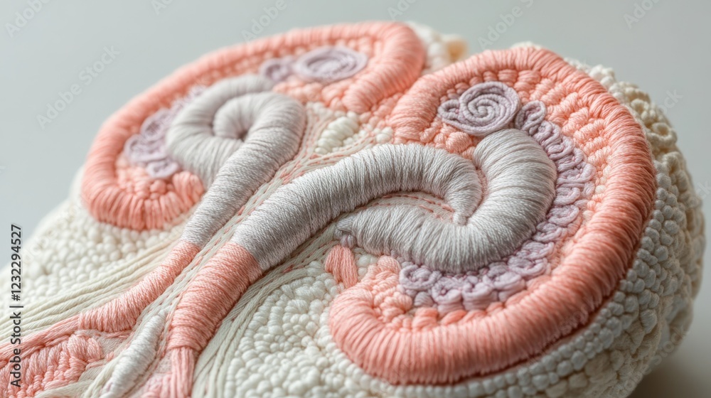 Schematic embroidery of human reproductive system in soft pink and lavender threads Schematic embroidery of human reproductive system in soft pink and lavender threads