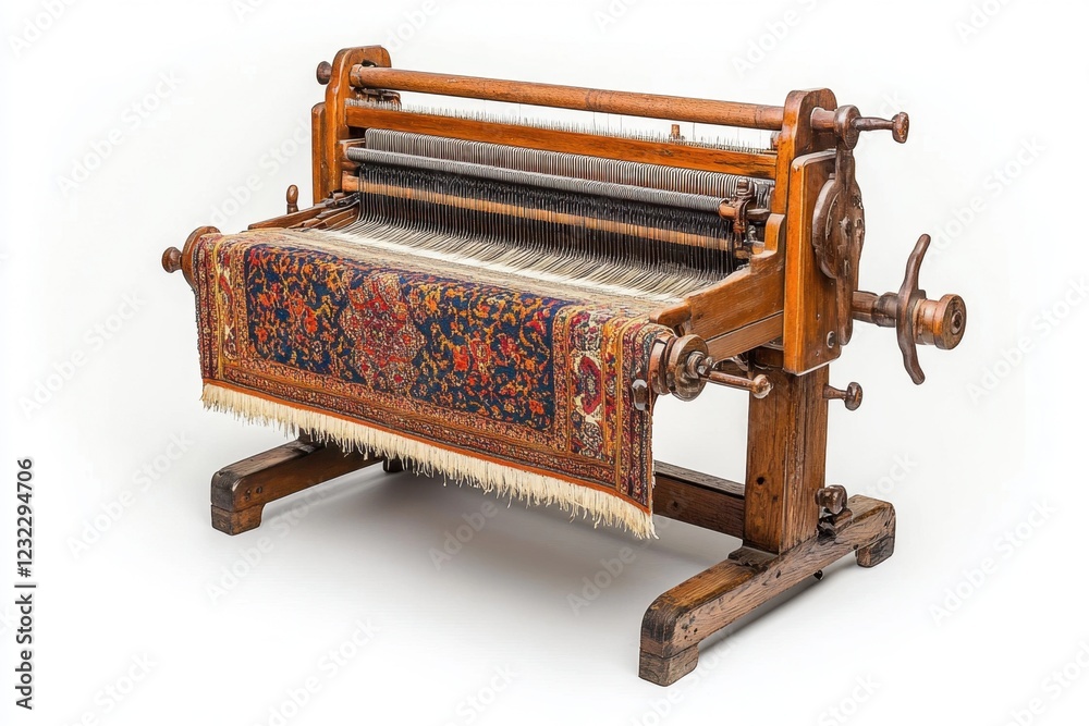 Fototapeta premium Antique Traditional Wooden Weaving Loom with Intricate Grain Patterns Vintage Craftsmanship, Handcrafted Textile Art, Historic Wooden Loom for Weaving Rugs and Carpets, Exceptional Quality, Detailed