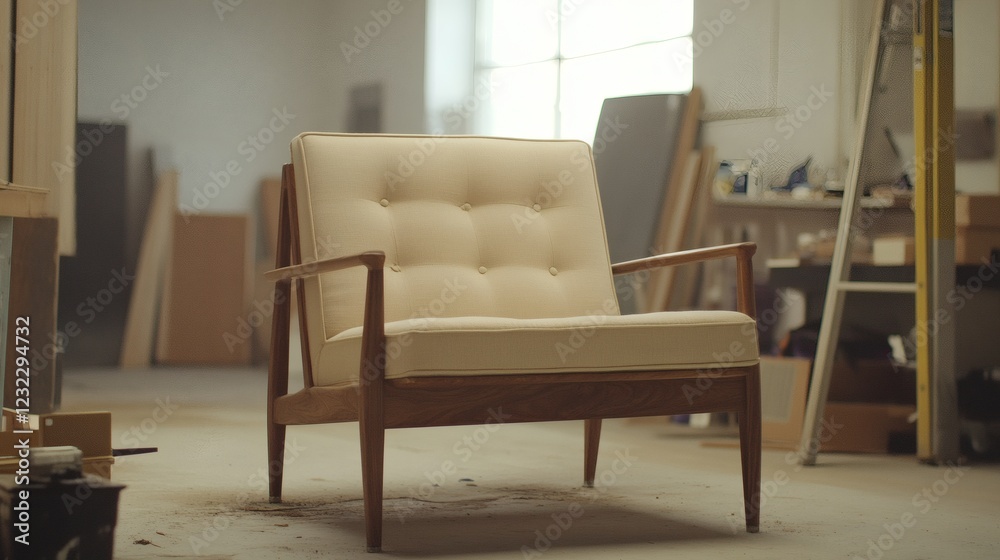 Mid-Century Modern Armchair in a Workshop Setting Mid-Century Modern Armchair in a Workshop Setting