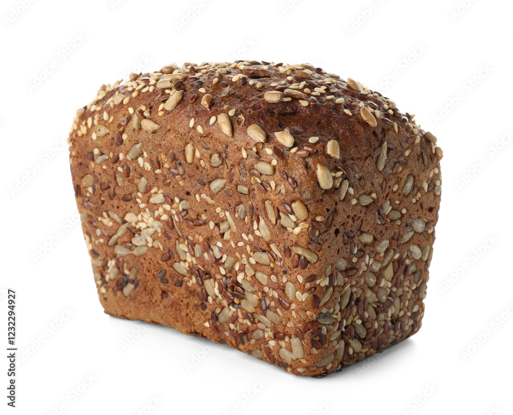 One freshly baked bread with seeds isolated on white One freshly baked bread with seeds isolated on white