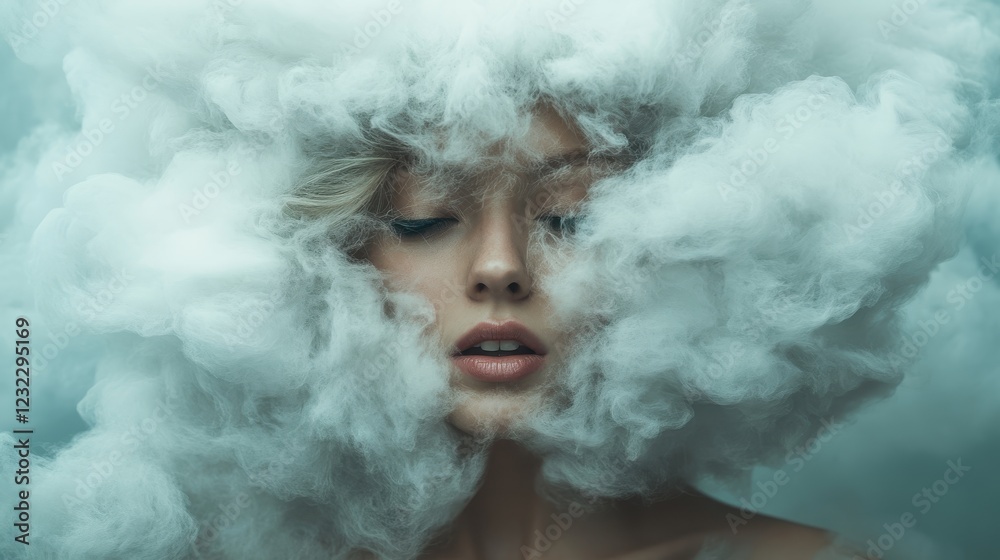 Whispers of dreams enveloping a serene face in ethereal clouds Whispers of dreams enveloping a serene face in ethereal clouds