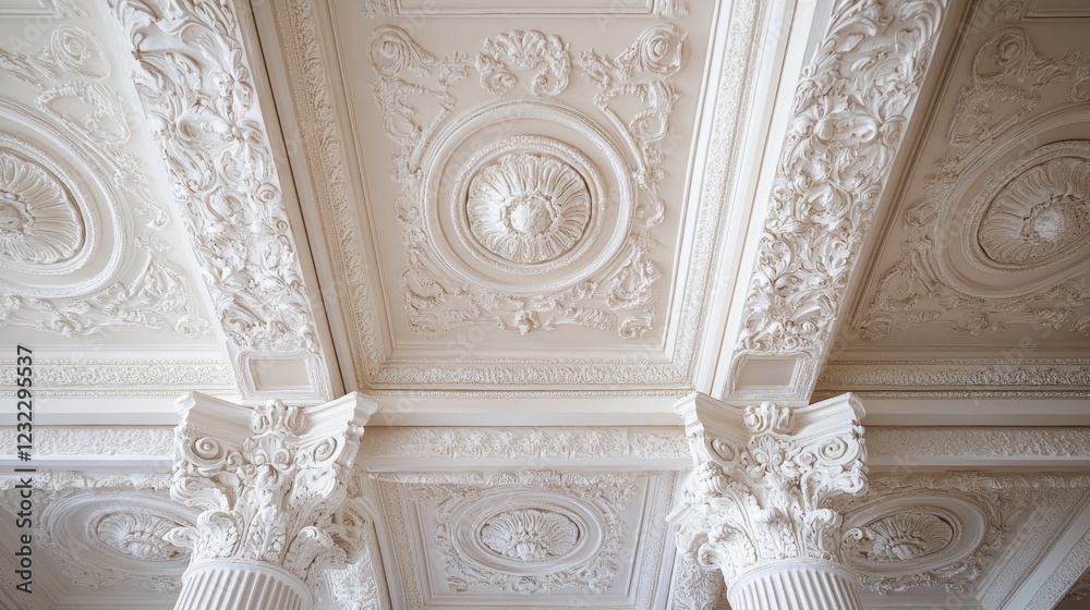 Obraz premium Elegant White Architectural Ceiling with Intricate Plasterwork and Columns