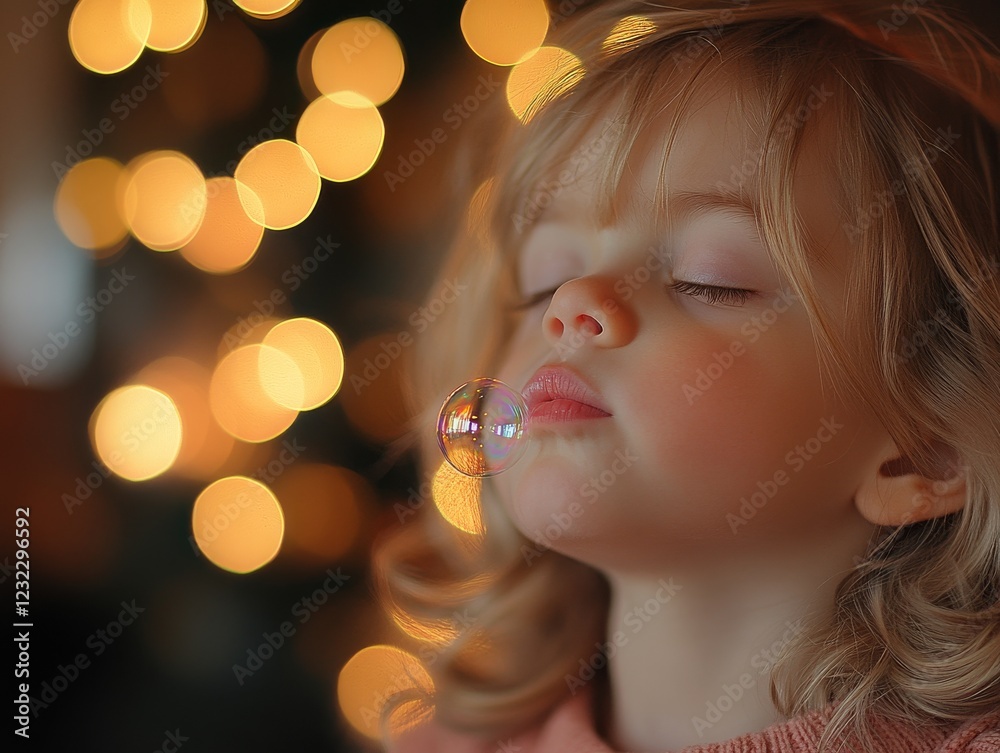 A serene child in soft focus, eyes closed, blowing a bubble with warm, glowing bokeh lights in the background. A serene child in soft focus, eyes closed, blowing a bubble with warm, glowing bokeh lights in the background.