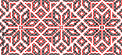 Vector illustration of Ukrainian ornament in ethnic style, identity, vyshyvanka, embroidery for print clothes, websites, banners. Background. Geometric design, border, copy space, frame