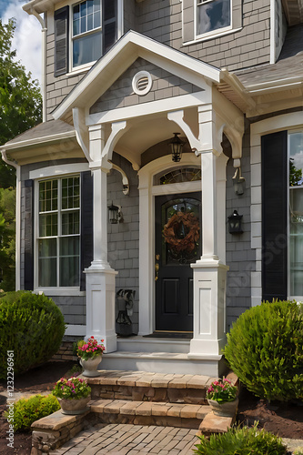 Elegant Home Exterior: Gray Siding, White Columns, and Stone Steps.  A charming front porch with a black door and lush landscaping creates a welcoming entrance.