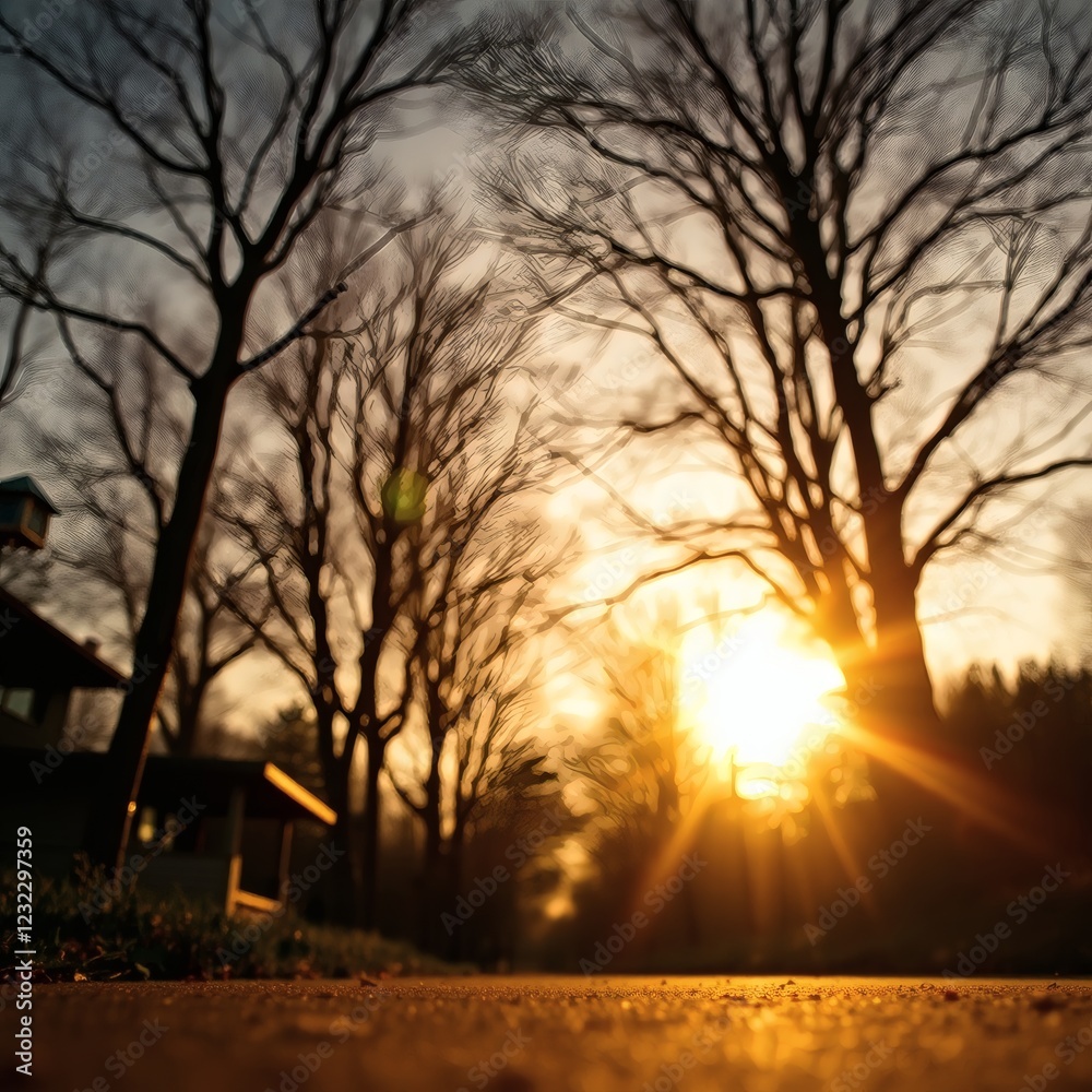 Sunset casting warm light through trees along a quiet pathway in a serene outdoor setting Sunset casting warm light through trees along a quiet pathway in a serene outdoor setting