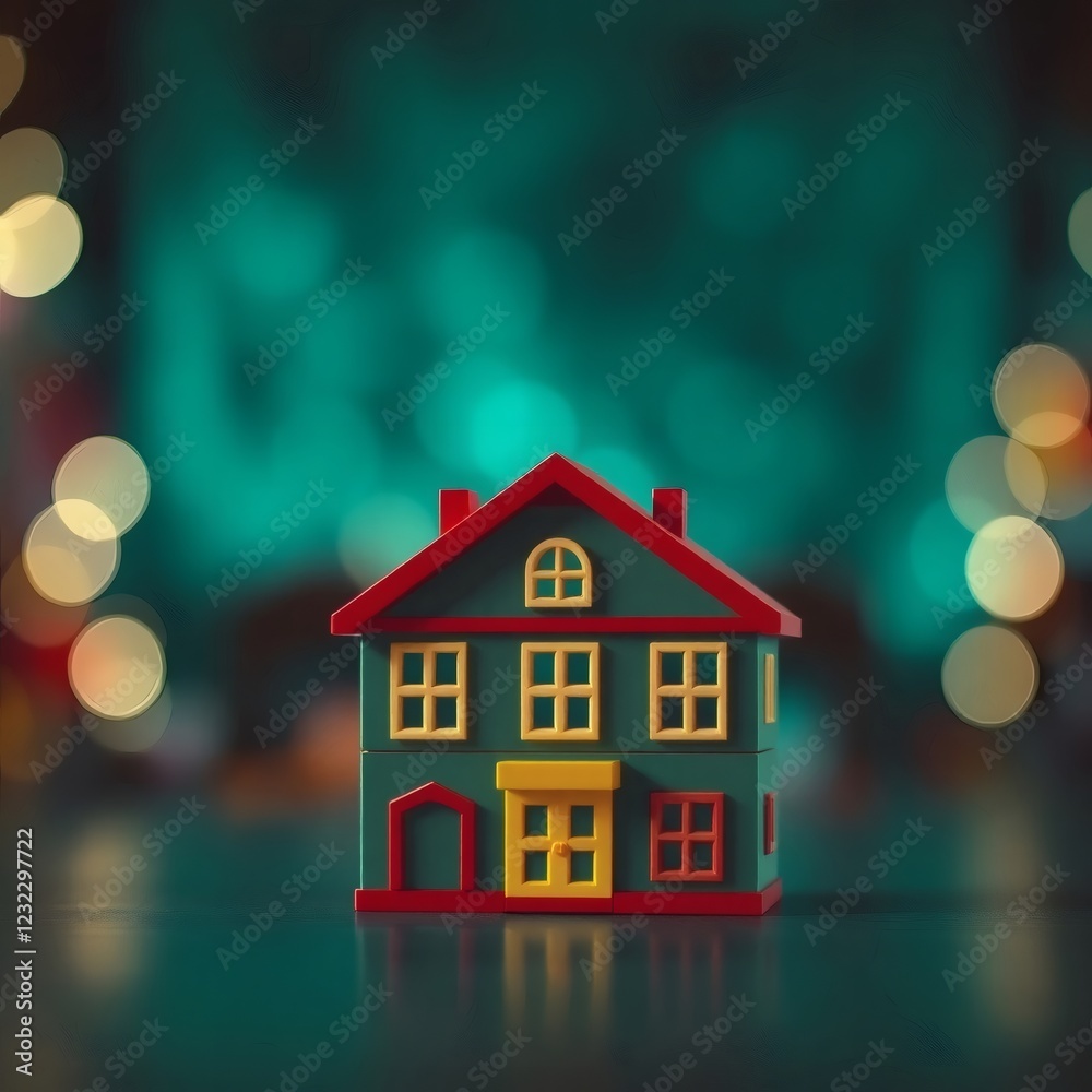 Colorful toy house on a table with soft blurred lights in the background during an evening setting Colorful toy house on a table with soft blurred lights in the background during an evening setting
