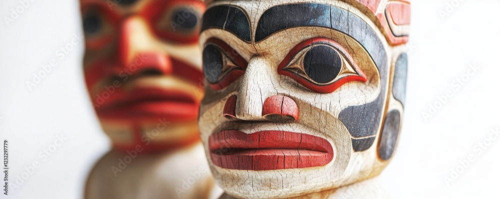 Explore the intricate details of this Northwest Coast Native American totem pole, showcasing deep texture and rich storytelling through masterful wood carving Each face reveals a captivating Explore the intricate details of this Northwest Coast Native American totem pole, showcasing deep texture and rich storytelling through masterful wood carving Each face reveals a captivating