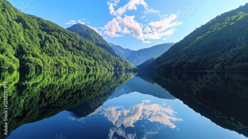 A serene lake reflecting the surrounding mountains.