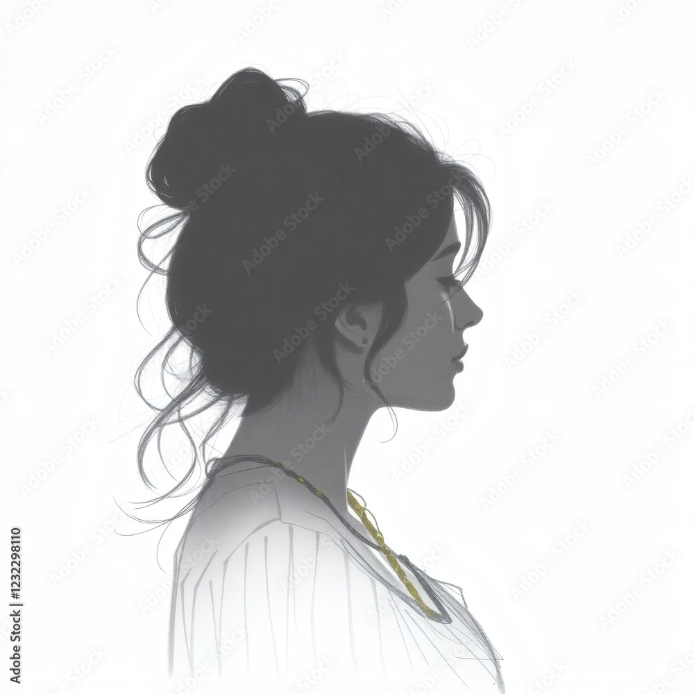 Silhouette of a woman with an intricate hairstyle and necklace against a plain background