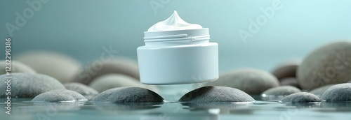 Mockup skincare cream jar floating above smooth stone, surrounded by tranquil water, representing wellness and beauty, ideal for self-care, beauty products, and skincare businesses. photo