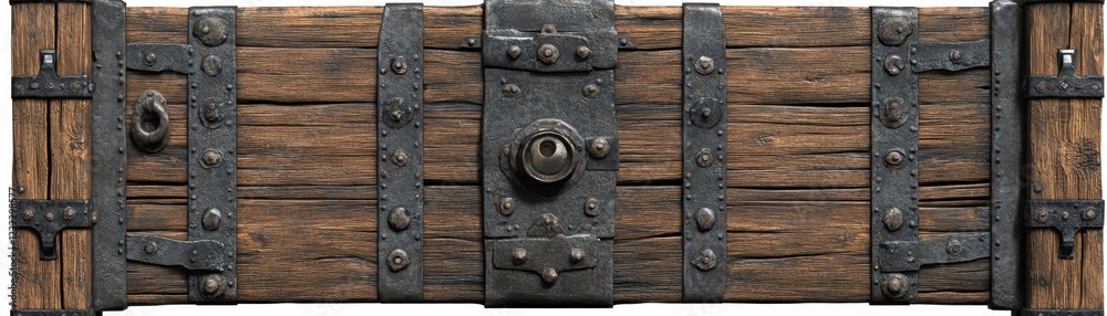High-resolution image of a heavy wooden door with intricate iron accents, showcasing its rich textured grain and undeniable medieval charm Perfect for game development, historical recreations High-resolution image of a heavy wooden door with intricate iron accents, showcasing its rich textured grain and undeniable medieval charm Perfect for game development, historical recreations