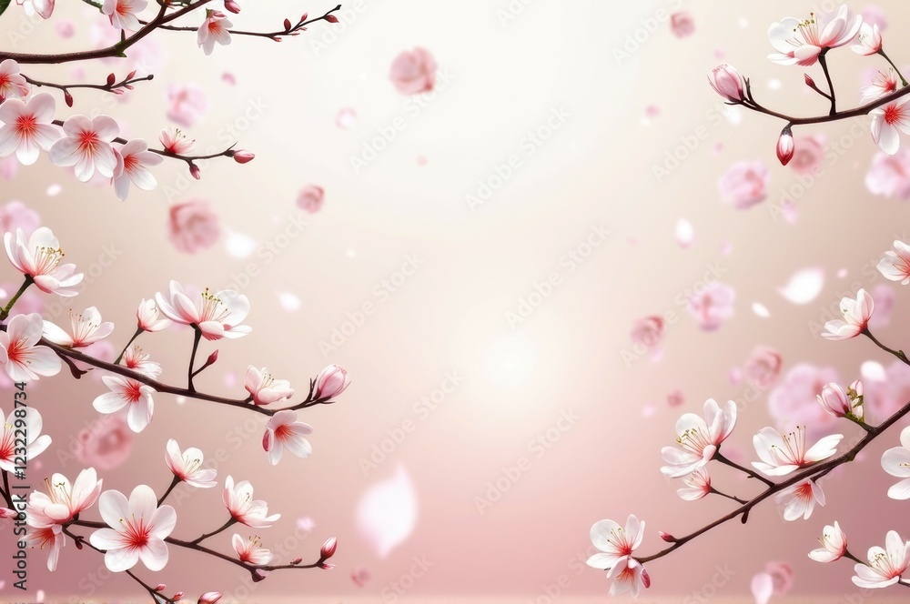 Cherry blossoms on branches with soft falling petals and pink background Cherry blossoms on branches with soft falling petals and pink background